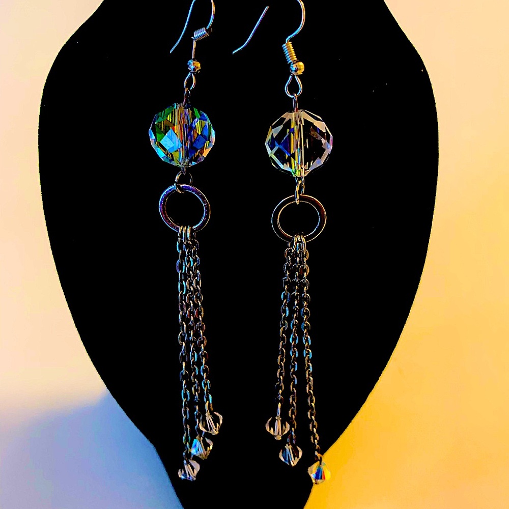 Handmade silver aurora borealis glass stoned earrings sparkle like crystal
